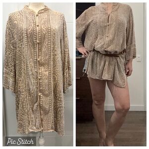 VTG BOB MACKIE WEARABLE ART LARGE BEIGE SILVER PAISLEY BURNOUT VELOUR TUNIC RARE